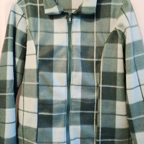 New Plaid Fleece Full Zip up Sweatshirt womens L Green Sage Collared w/2 Pockets - Picture 2 of 8